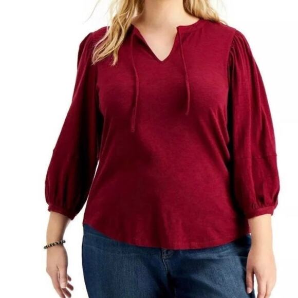 Style & Co Plus Balloon-Sleeve Cotton Knit Top Wine Sz 2X - Picture 1 of 3